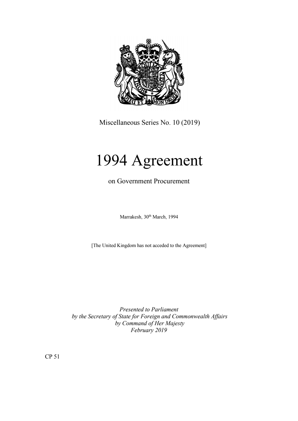 Miscellaneous Series No. 10 (2019) 1994 Agreement on Government Procurement. Marrakesh, 30th March, 1994