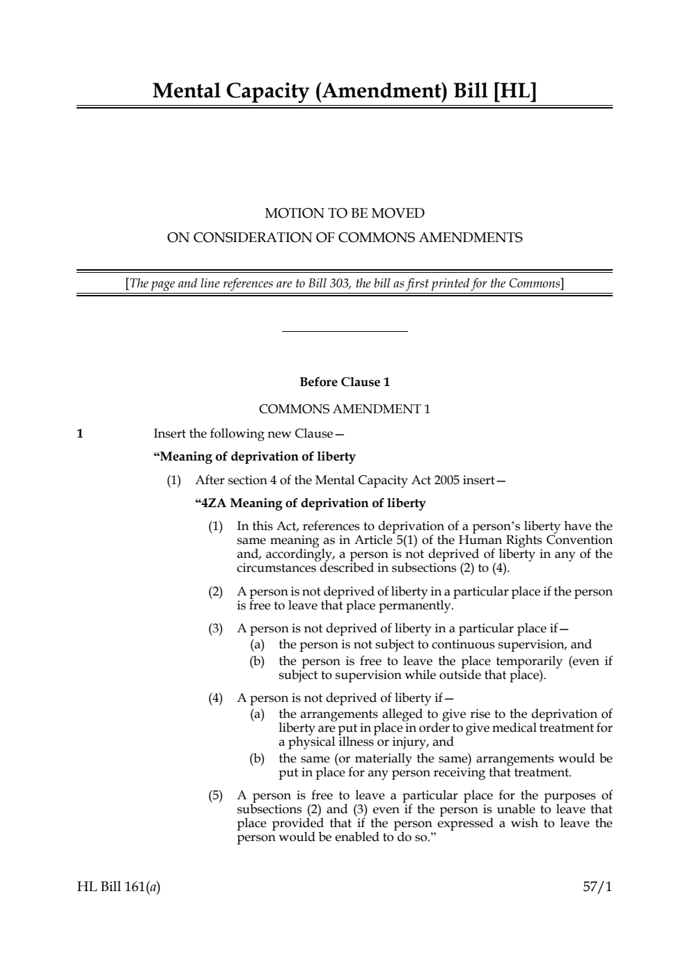 Mental Capacity (Amendment) Bill Motion to be moved on consideration of Commons amendments