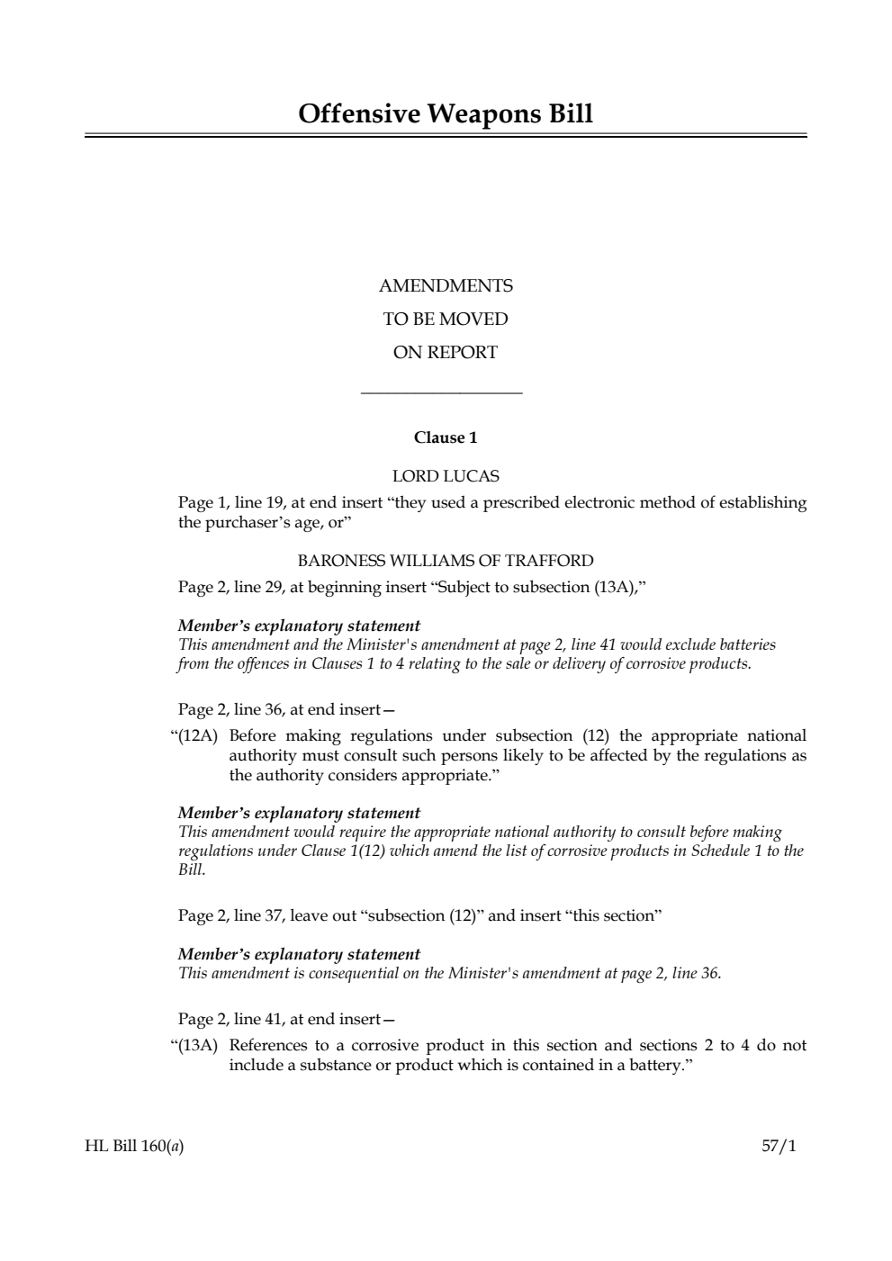 Offensive Weapons Bill Amendments to be moved on report