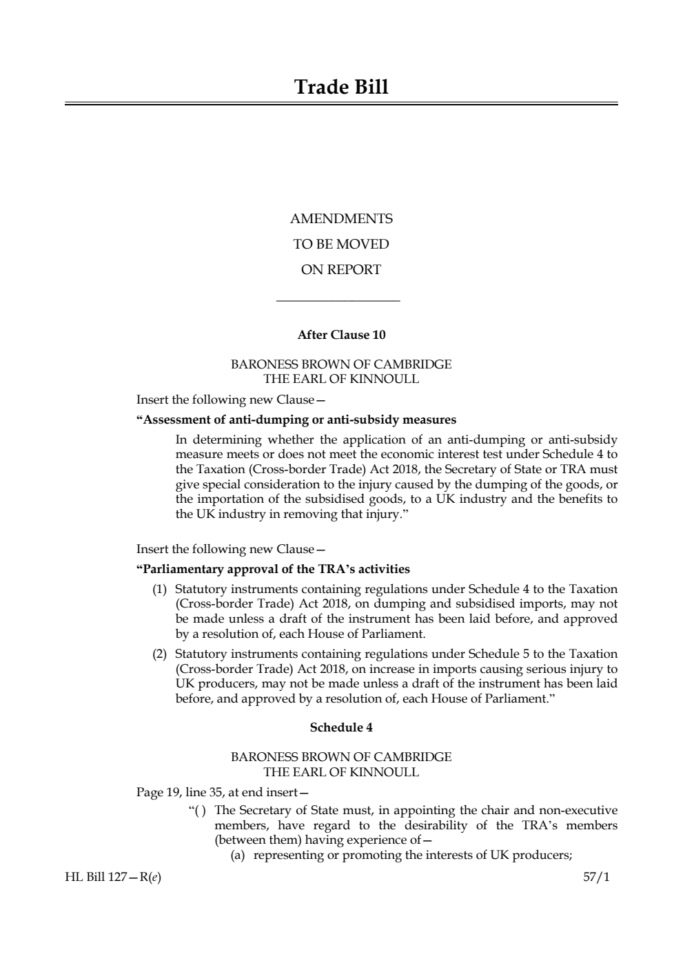 Trade Bill  Amendments to be moved on report