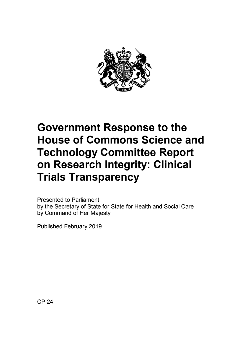 Government Response to the House of Commons Science and Technology Committee Report on Research Integrity: Clinical Trials Transparency