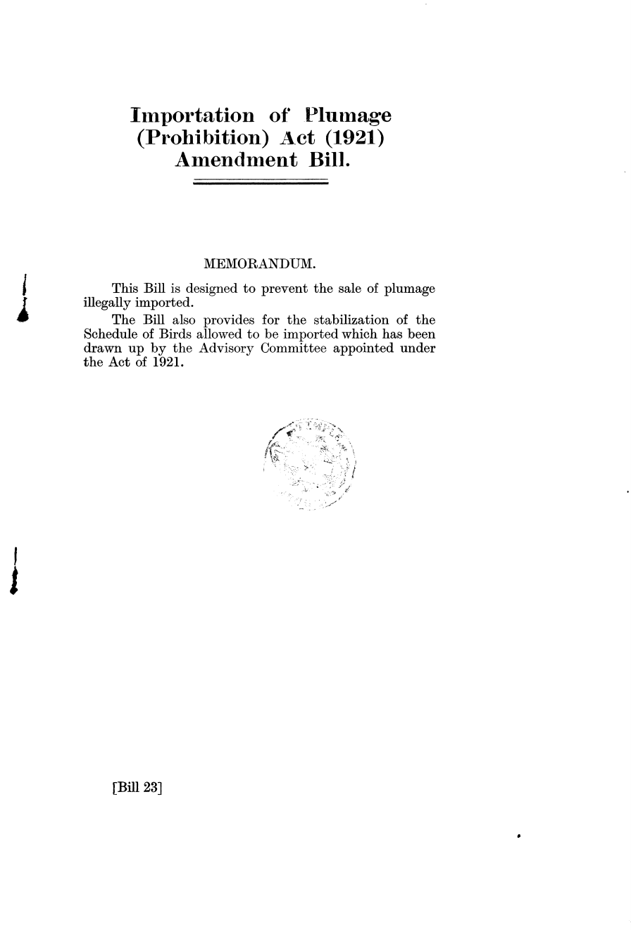 Importation of Plumage (Prohibition) Act, 1921, Amendment Bill