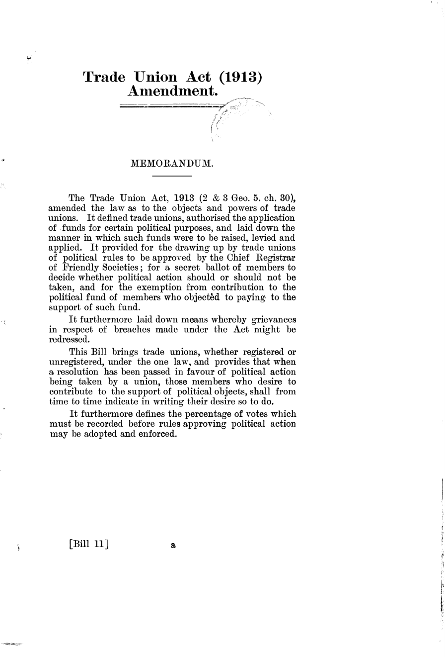 Trade Union Act (1913) Amendment Bill