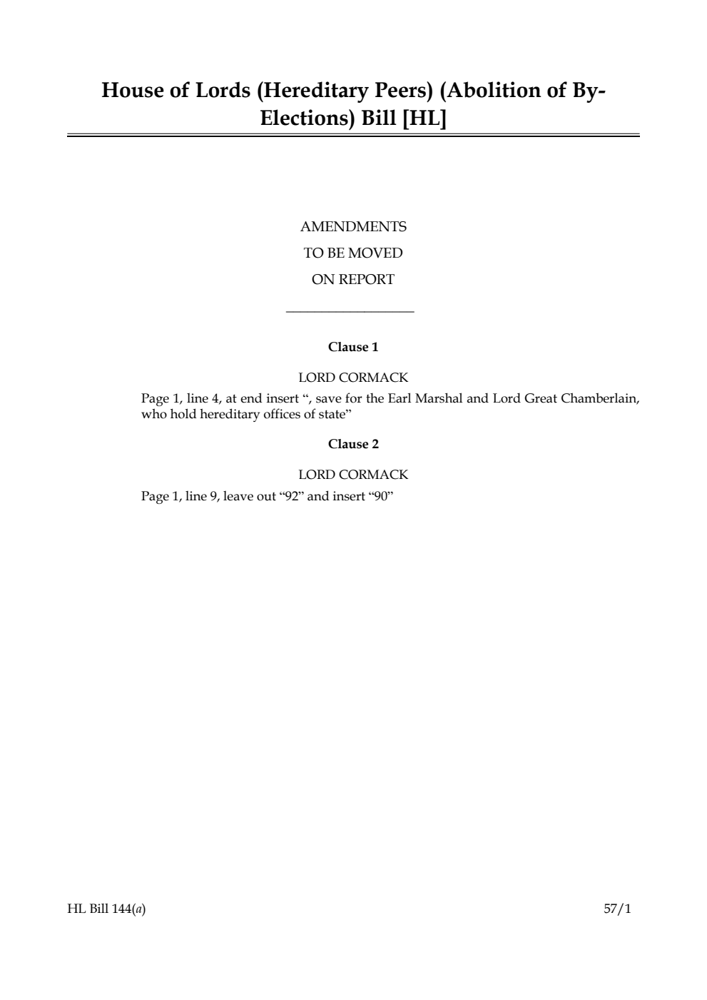 House of Lords (Hereditary Peers) (Abolition of By-Elections) Bill Amendments to be moved on report