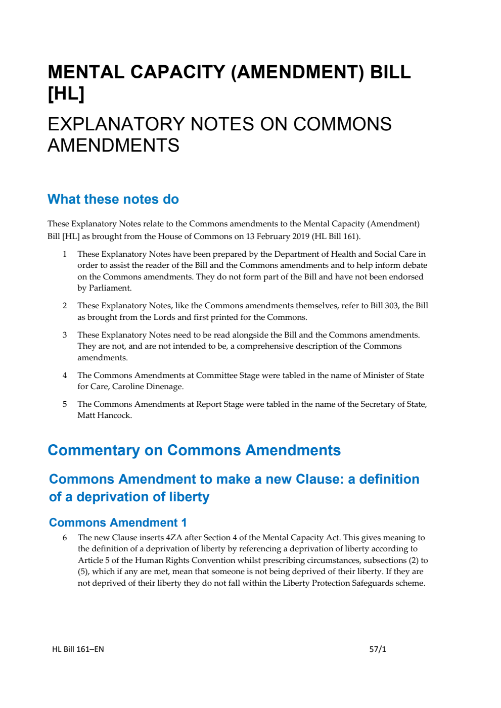 Mental Capacity (Amendment) Bill Explanatory Notes on Commons Amendments