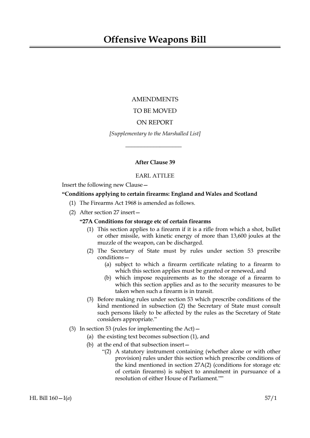 Offensive Weapons Bill Amendments to be moved on report  [Supplementary to the Marshalled List]
