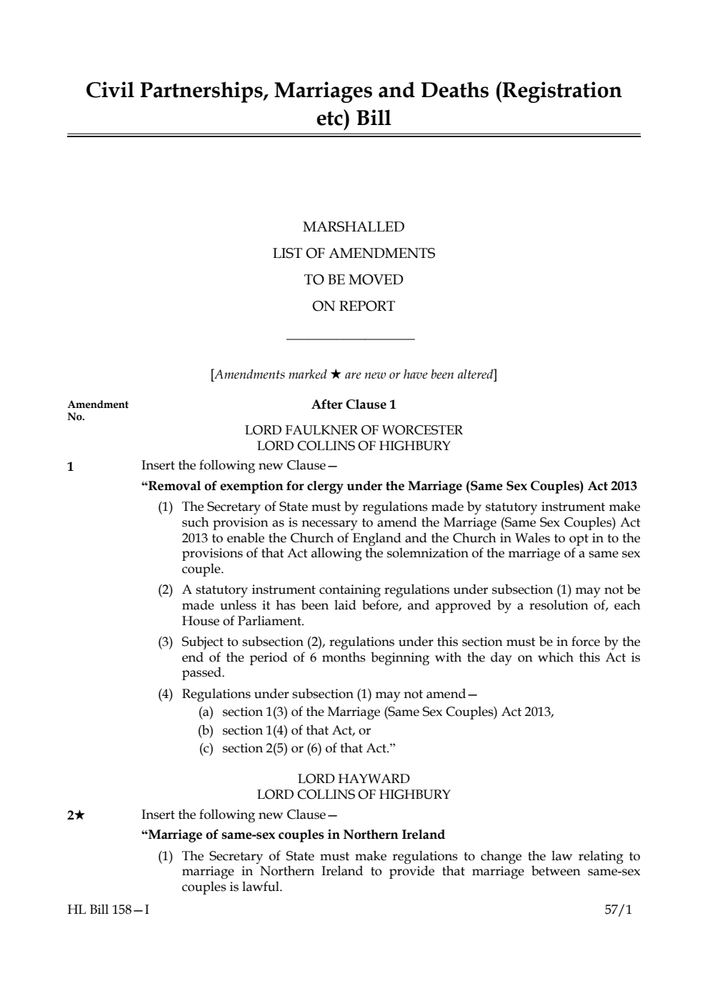 Civil Partnerships, Marriages and Deaths (Registration etc) Bill Marshalled List of amendments to be moved on report