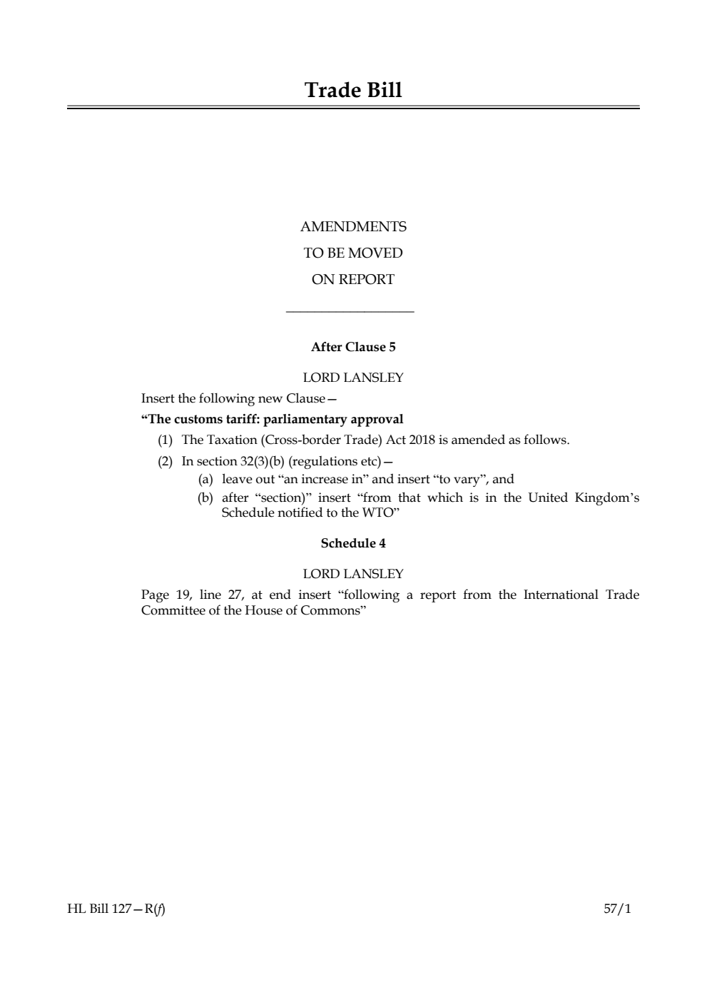 Trade Bill  Amendments to be moved on report