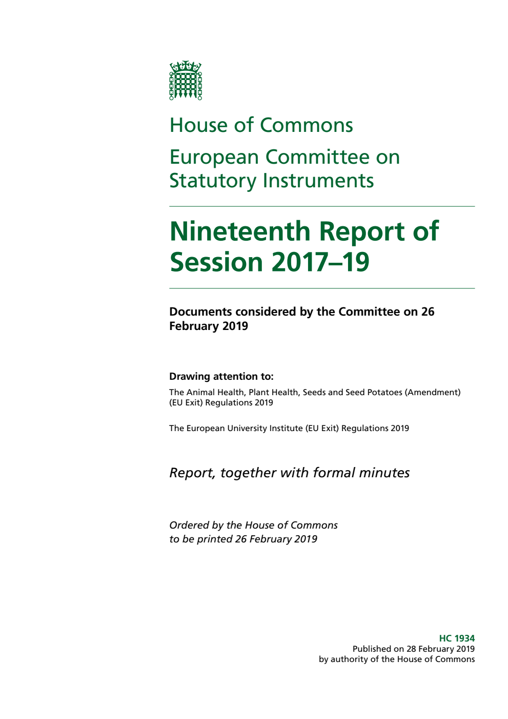 European Statutory Instruments Committee 19th Report of Session 2017-19