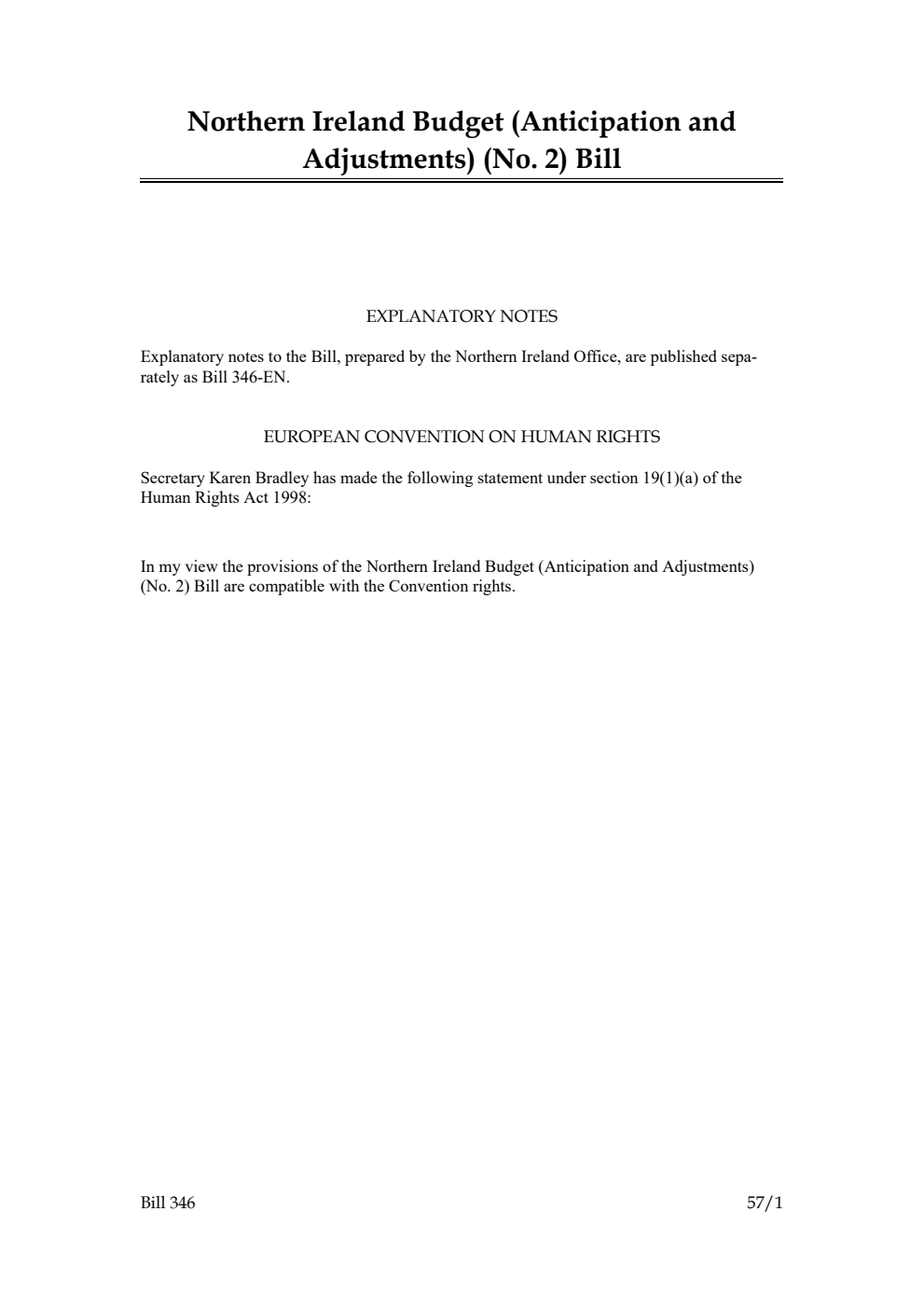 Northern Ireland Budget (Anticipation and Adjustments) (No. 2) Bill