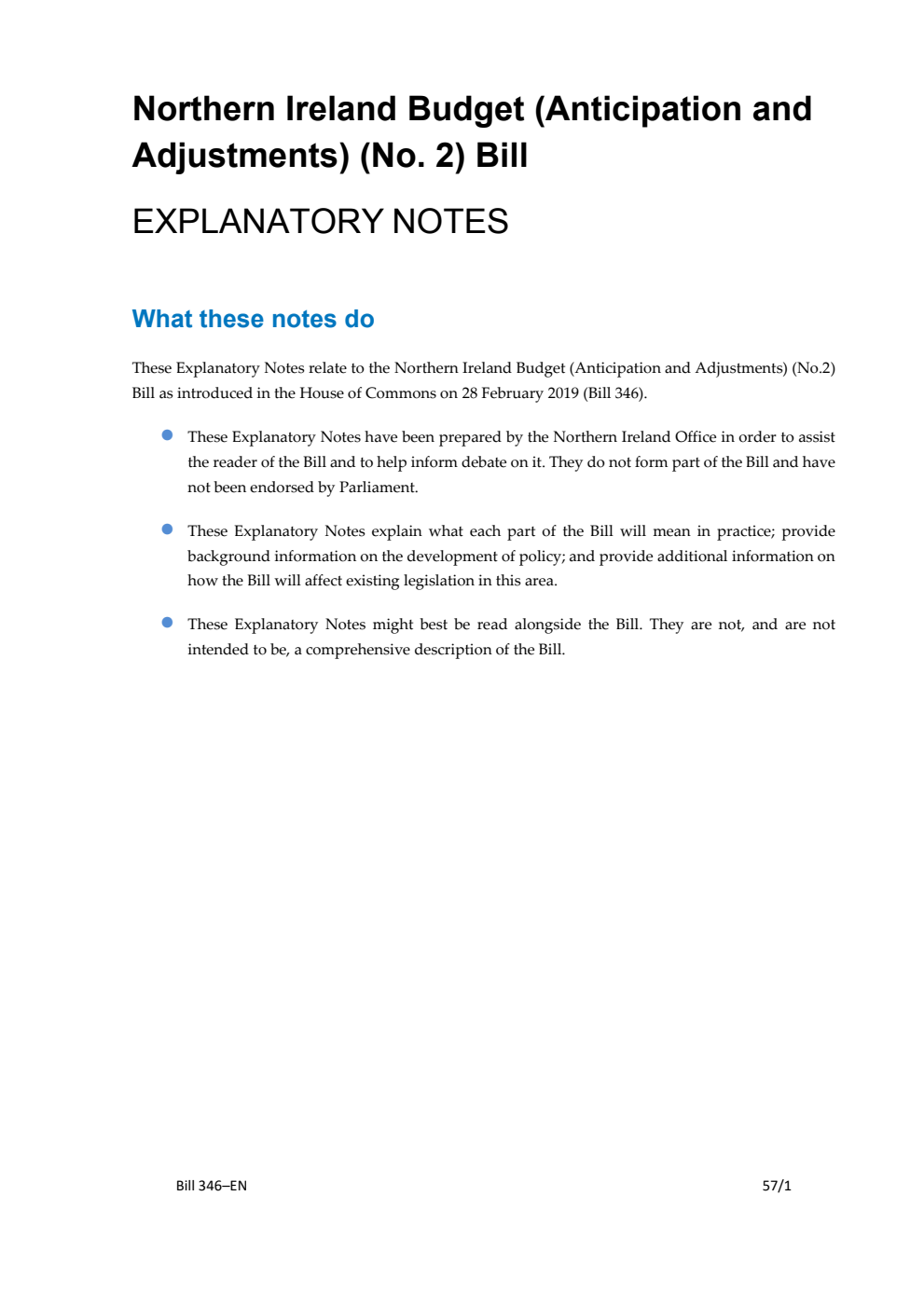 Northern Ireland Budget (Anticipation and Adjustments) (No. 2) Bill Explanatory Notes