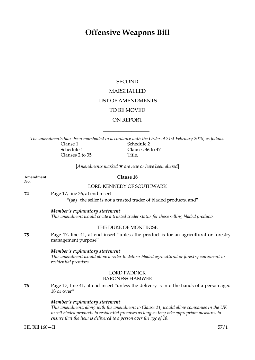 Offensive Weapons Bill Second Marshalled List of amendments to be moved on report