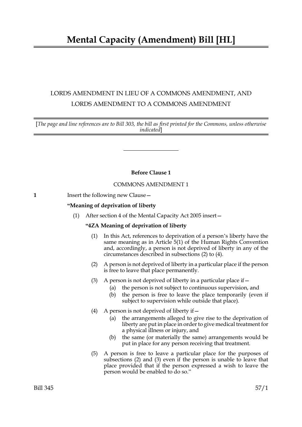 Mental Capacity (Amendment) Bill Lords amendment in Lieu of a Commons amendment, and Lords amendment to a Commons amendment