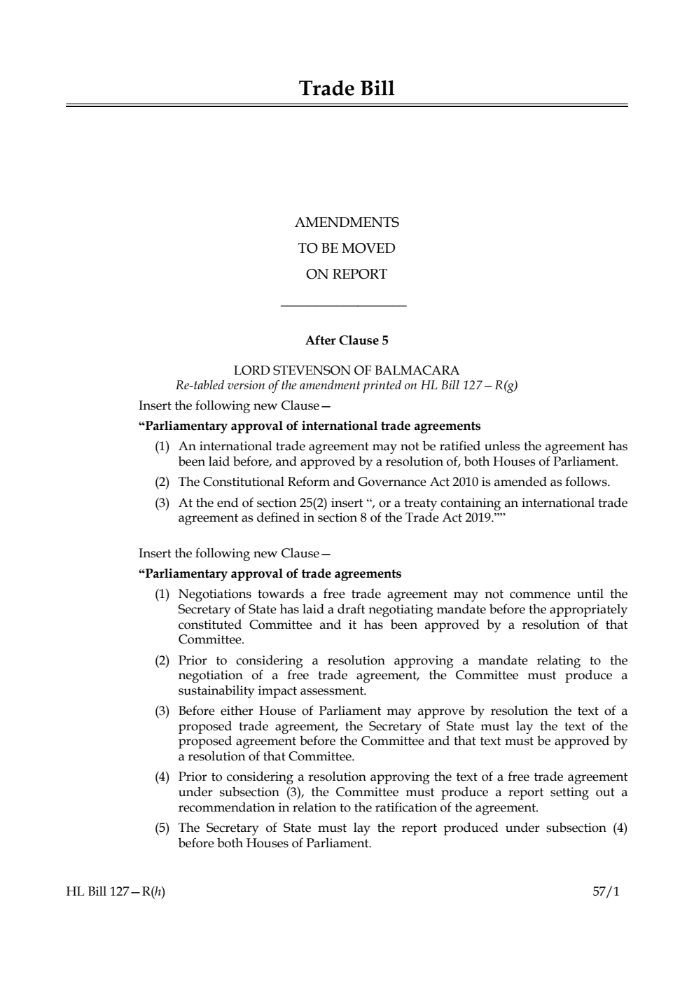 Trade Bill  Amendments to be moved on report