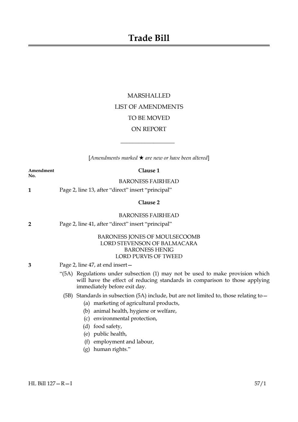 Trade Bill Marshalled List of amendments to be moved on report