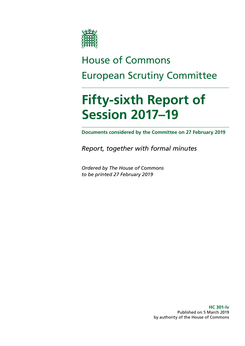 European Scrutiny Committee 56th Report of Session 2017–19