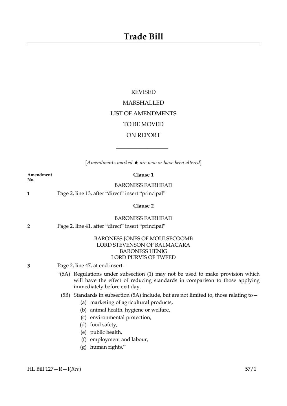 Trade Bill Revised Marshalled List of Amendments to be moved on report