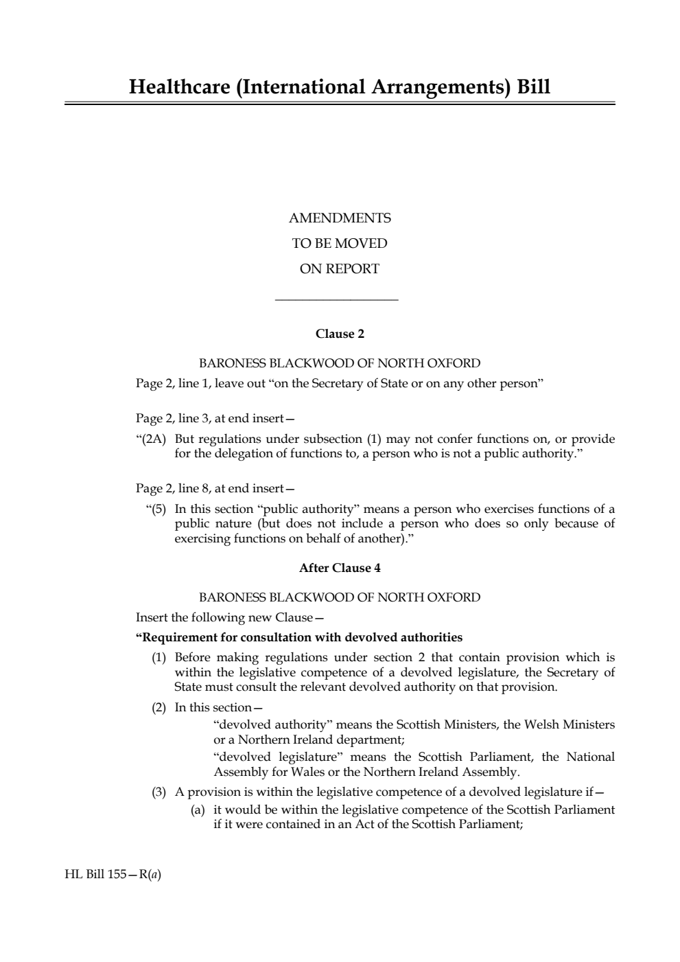 Healthcare (International Arrangements) Bill Amendments to be moved on report