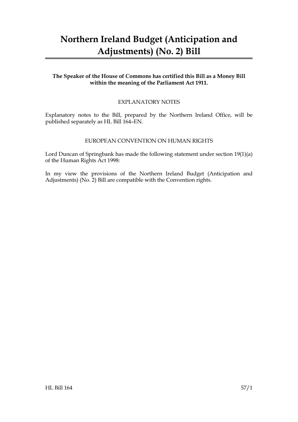 Northern Ireland Budget (Anticipation and Adjustments) (No. 2) Bill