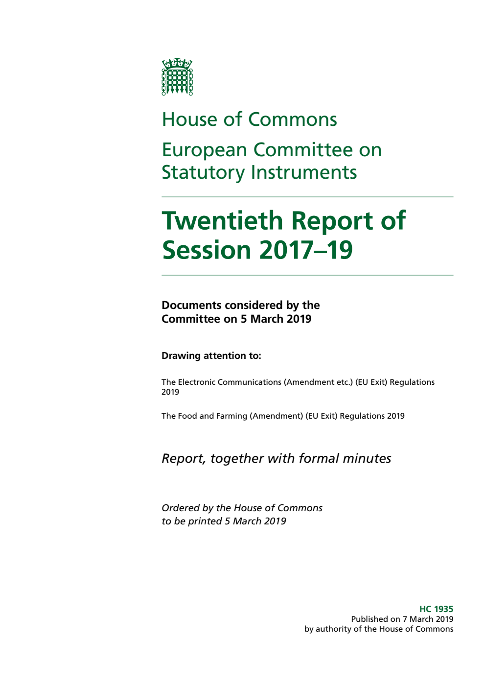 European Statutory Instruments Committee 20th Report of Session 2017-19