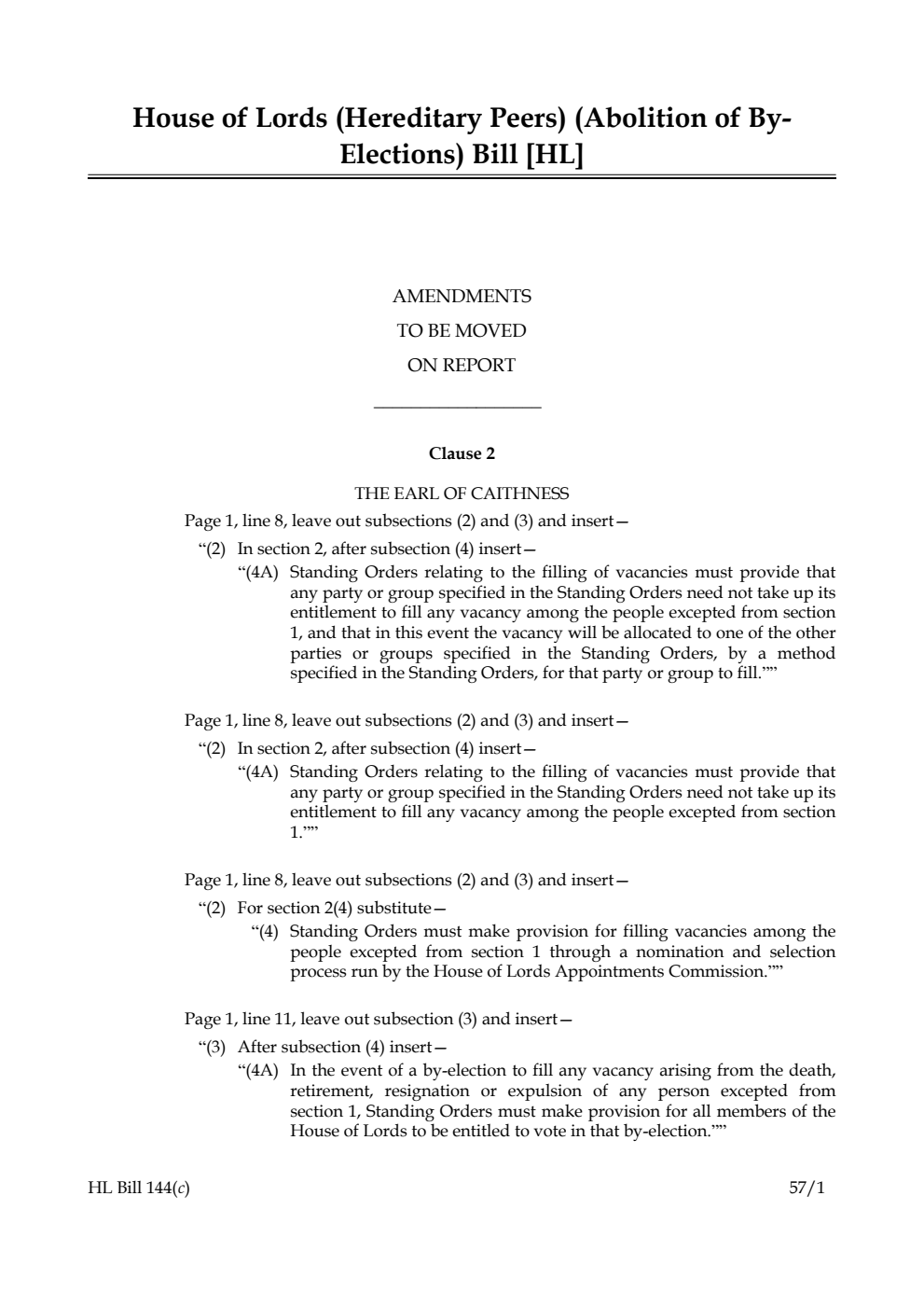 House of Lords (Hereditary Peers) (Abolition of By-Elections) Bill Amendments to be moved on report