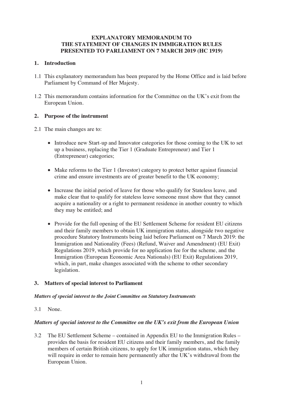Explanatory Memorandum to the Statement of Changes in Immigration Rules