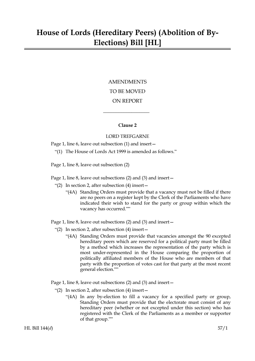 House of Lords (Hereditary Peers) (Abolition of By-Elections) Bill Amendments to be moved on report