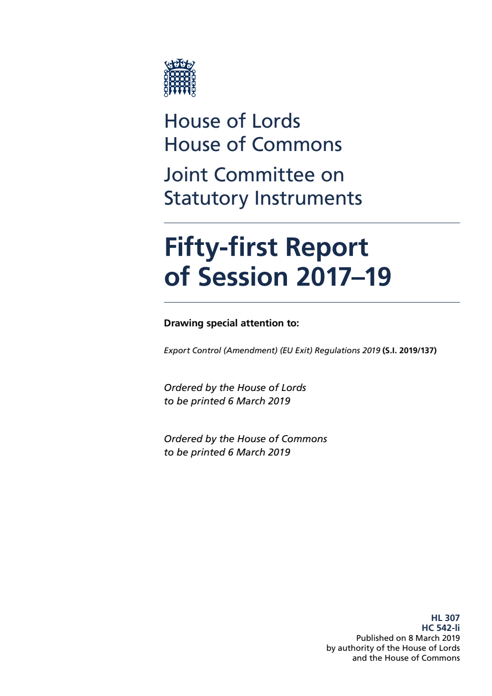 Joint Committee on Statutory Instruments 51st Report of Session 2017–19