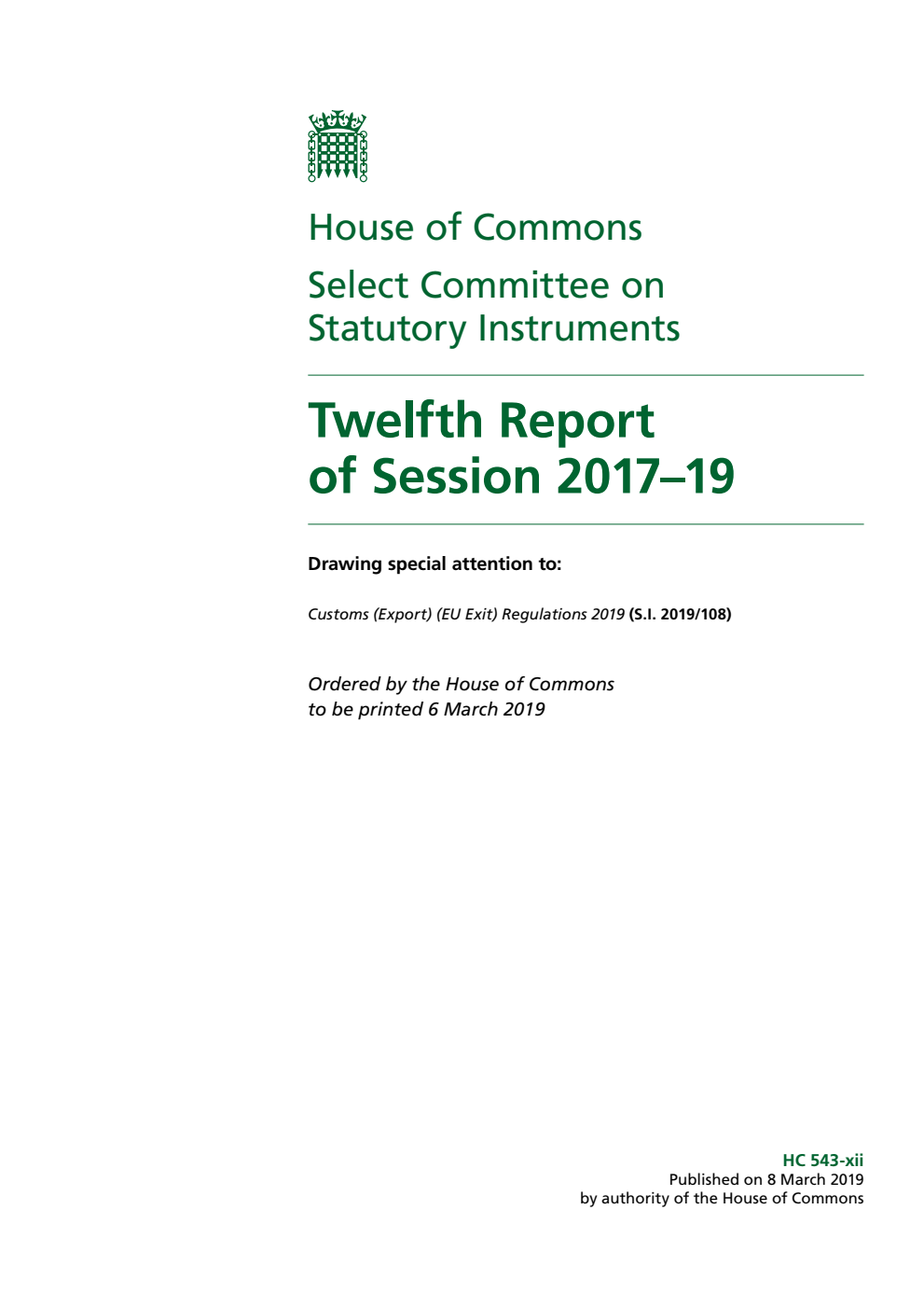 Statutory Instruments Committee 12th Report of Session 2017–19