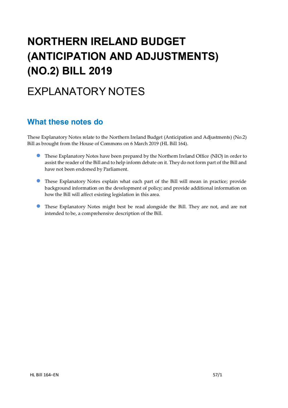 Northern Ireland Budget (Anticipation and Adjustments) (No. 2) Bill 2019 Explanatory Notes
