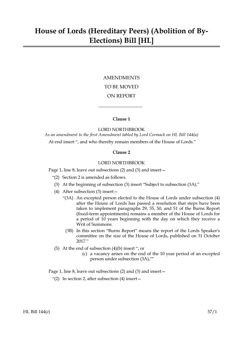House of Lords (Hereditary Peers) (Abolition of By-Elections) Bill Amendments to be moved on report
