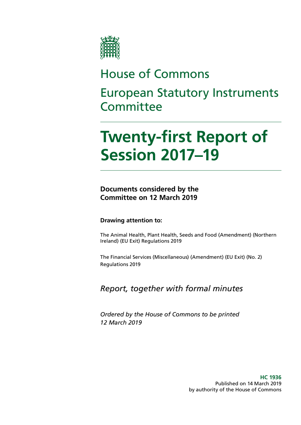 European Statutory Instruments Committee 21st Report of Session 2017-19