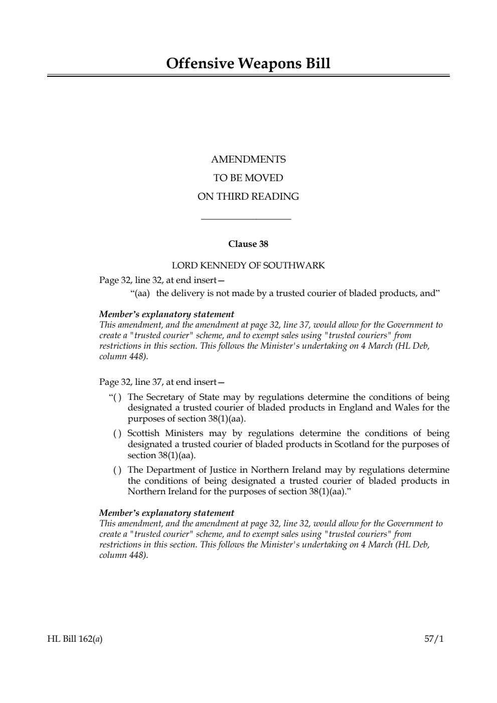 Offensive Weapons Bill Amendments to be moved on third reading