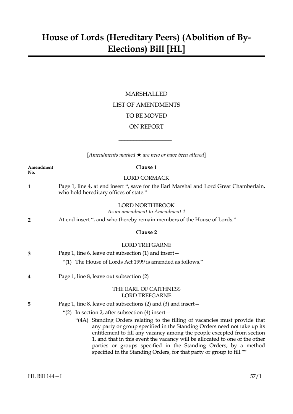 House of Lords (Hereditary Peers) (Abolition of By-Elections) Bill Marshalled List of amendments to be moved on report