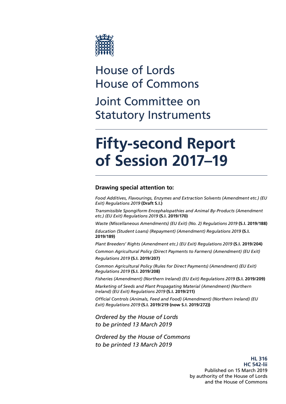 Joint Committee on Statutory Instruments 52nd Report of Session 2017–19
