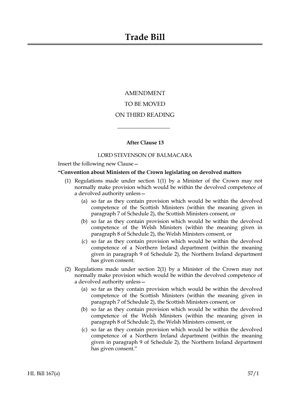 Trade Bill  Amendment to be moved on third reading