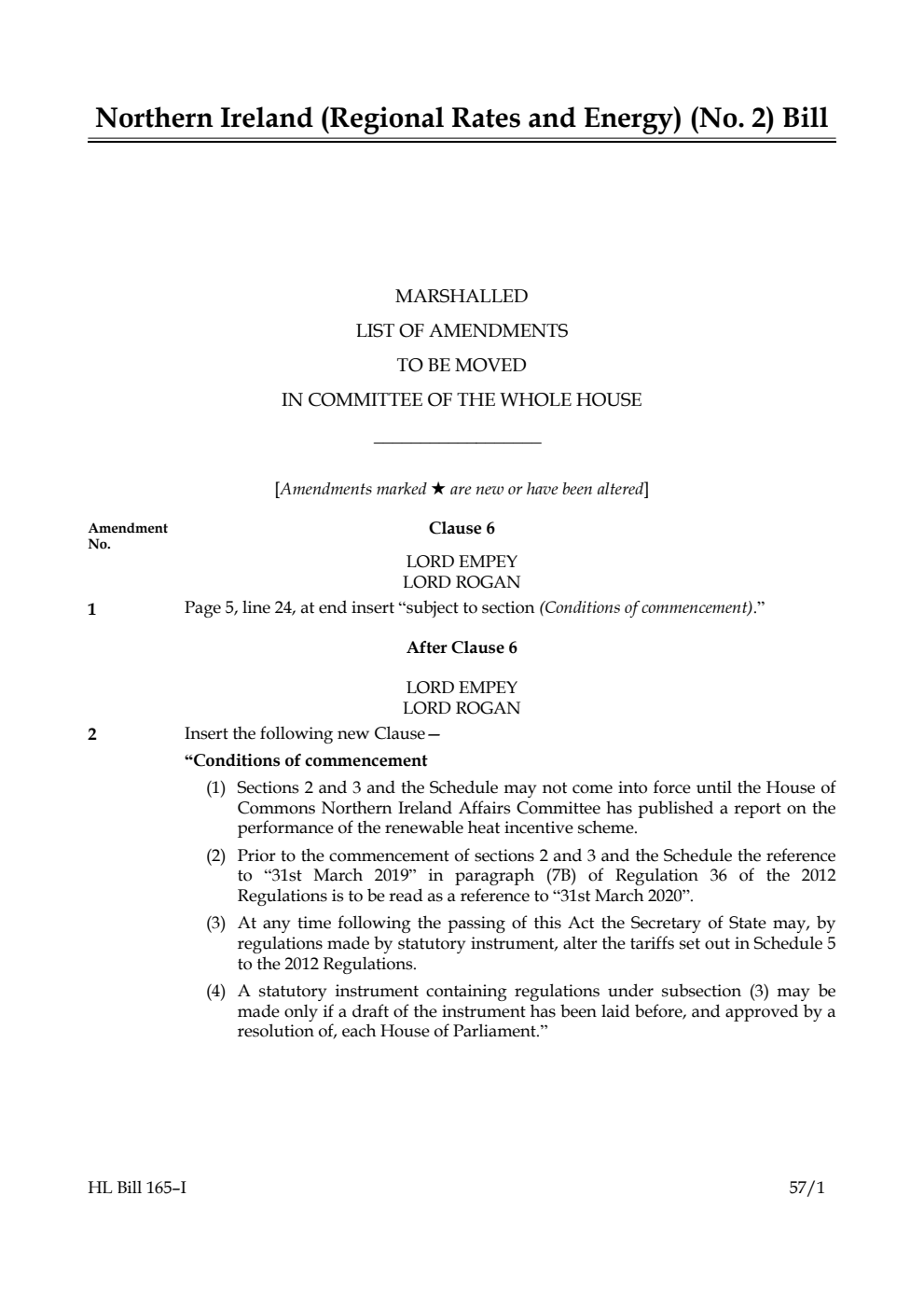 Northern Ireland (Regional Rates and Energy) (No. 2) Bill Marshalled List of Amendments to be moved in Committee of the Whole House