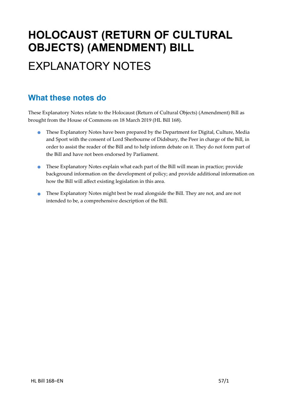 Holocaust (Return of Cultural Objects) (Amendment) Bill Explanatory Notes