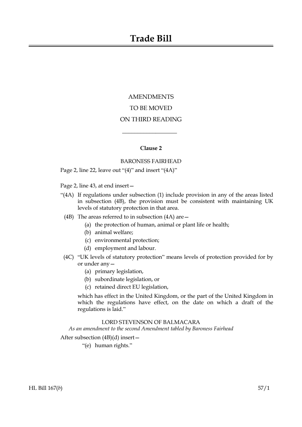 Trade Bill  Amendment to be moved on third reading