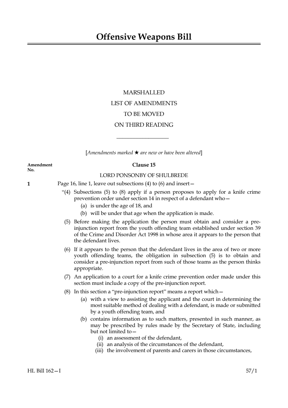 Offensive Weapons Bill Marshalled List of amendments to be moved on third reading
