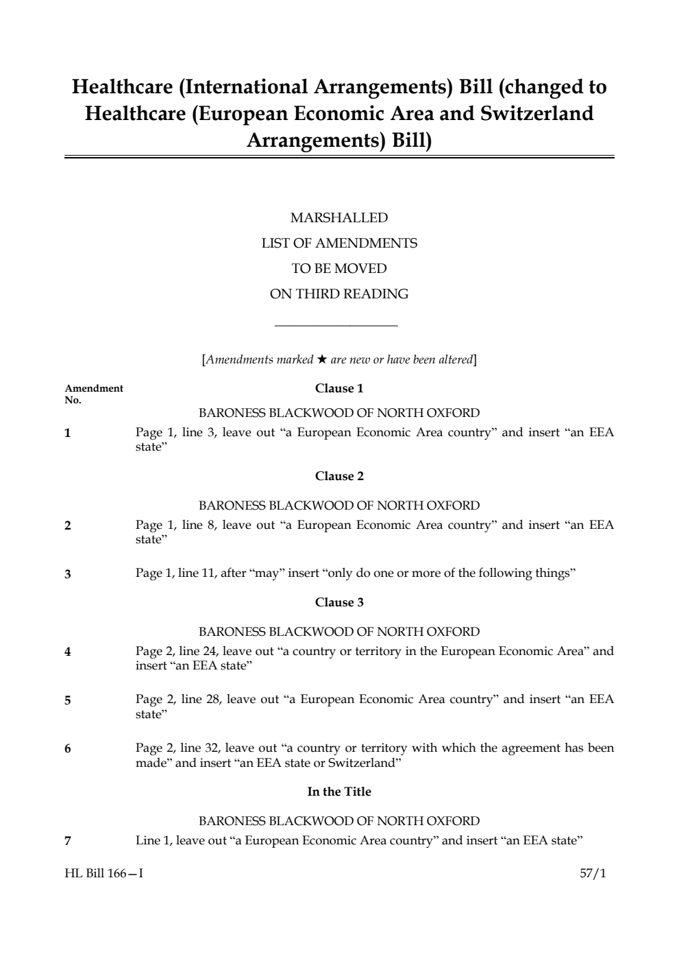 Healthcare (European Economic Area and Switzerland Arrangements) Bill Marshalled List of amendments to be moved on third reading