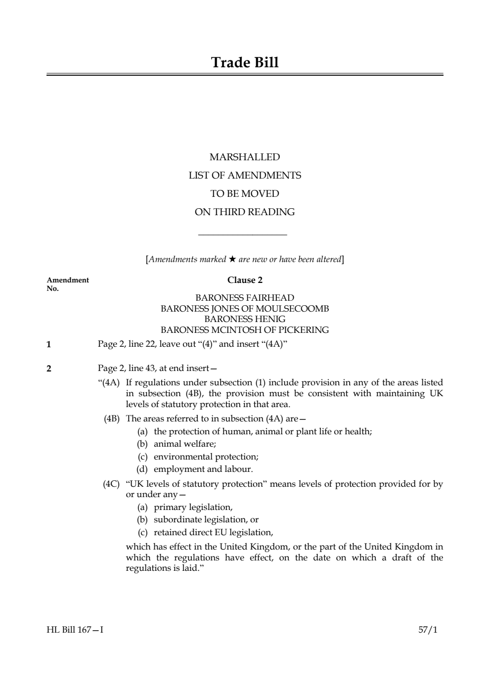 Trade Bill Marshalled List of amendments to be moved on third reading