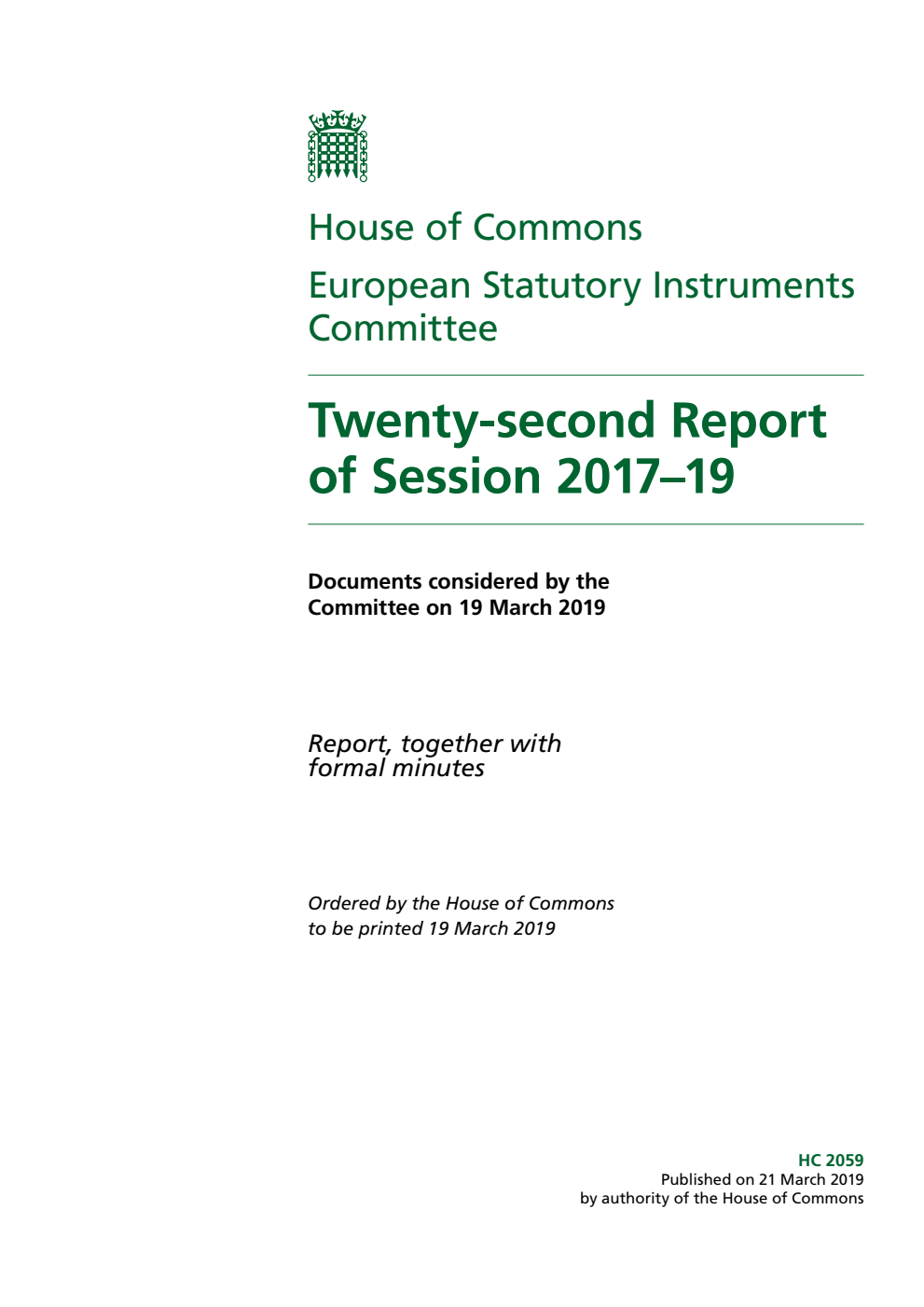 European Statutory Instruments Committee 22nd Report of Session 2017-19