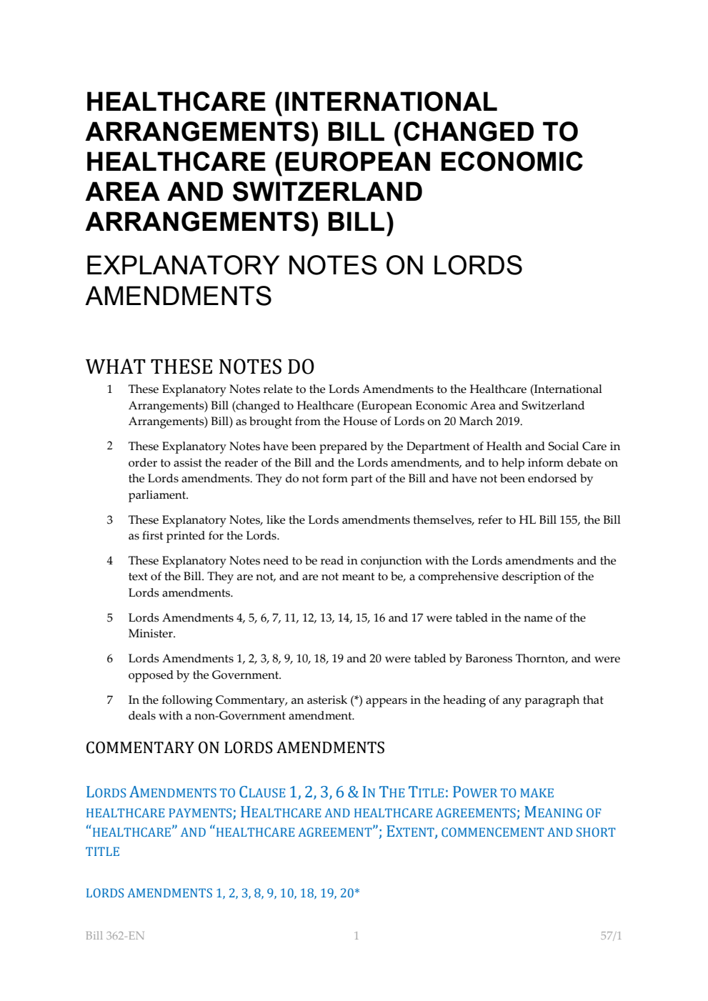 Healthcare (European Economic Area and Switzerland Arrangements) Bill Explanatory Notes on Lords Amendments