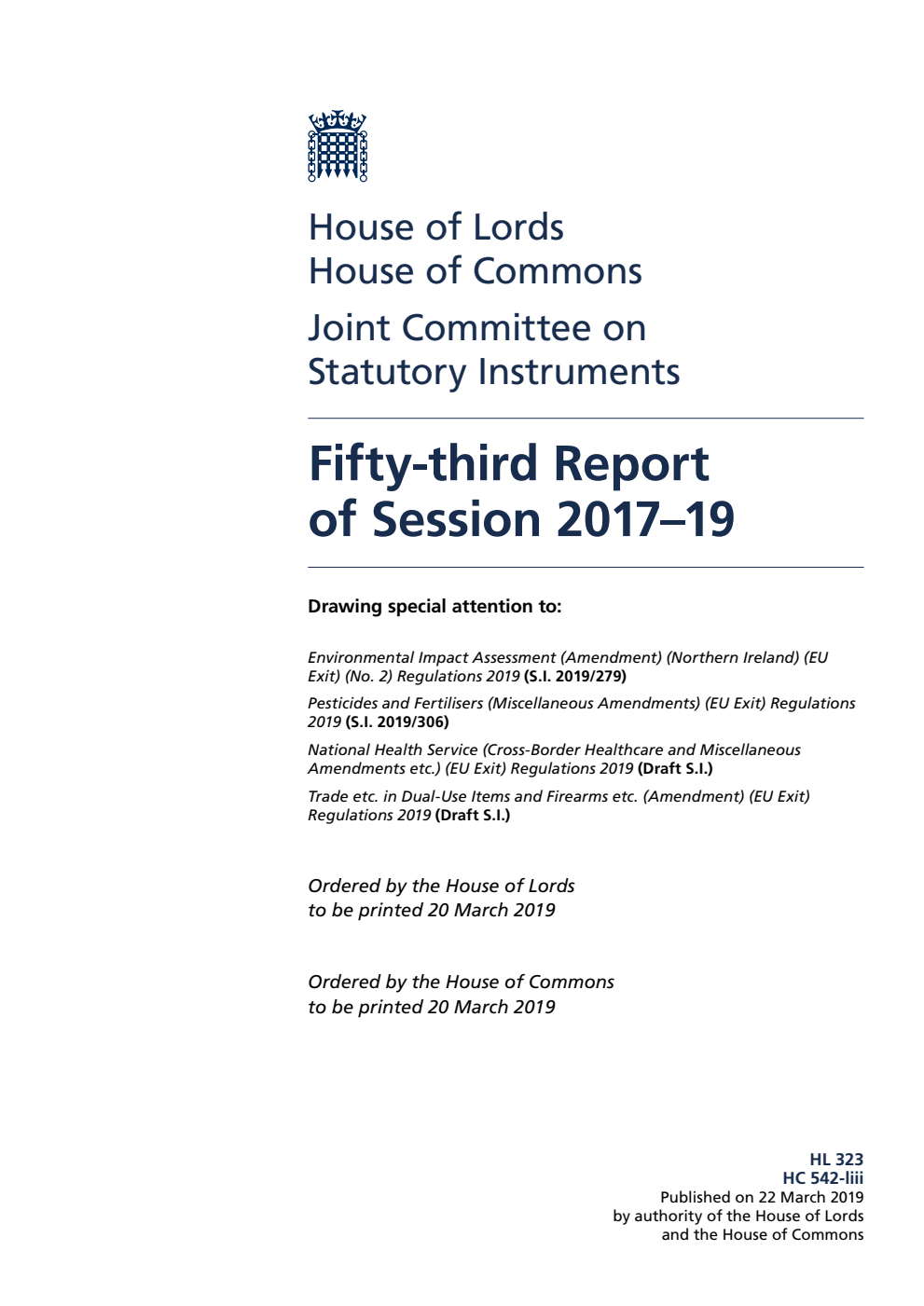 Joint Committee on Statutory Instruments 53rd Report of Session 2017–19