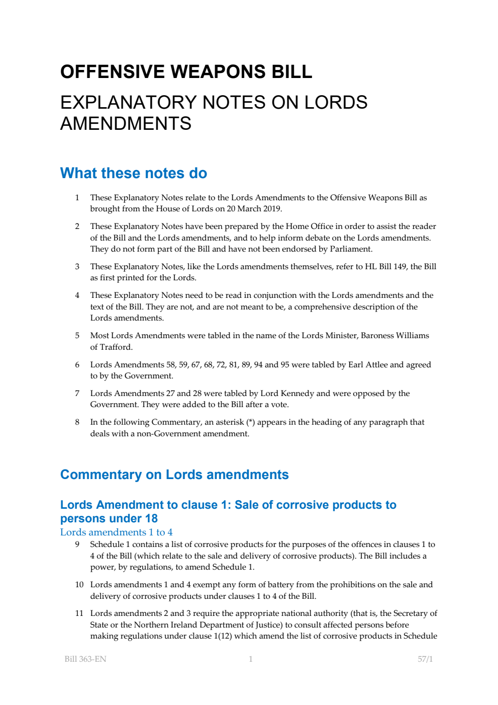 Offensive Weapons Bill Explanatory Notes on Lords Amendments