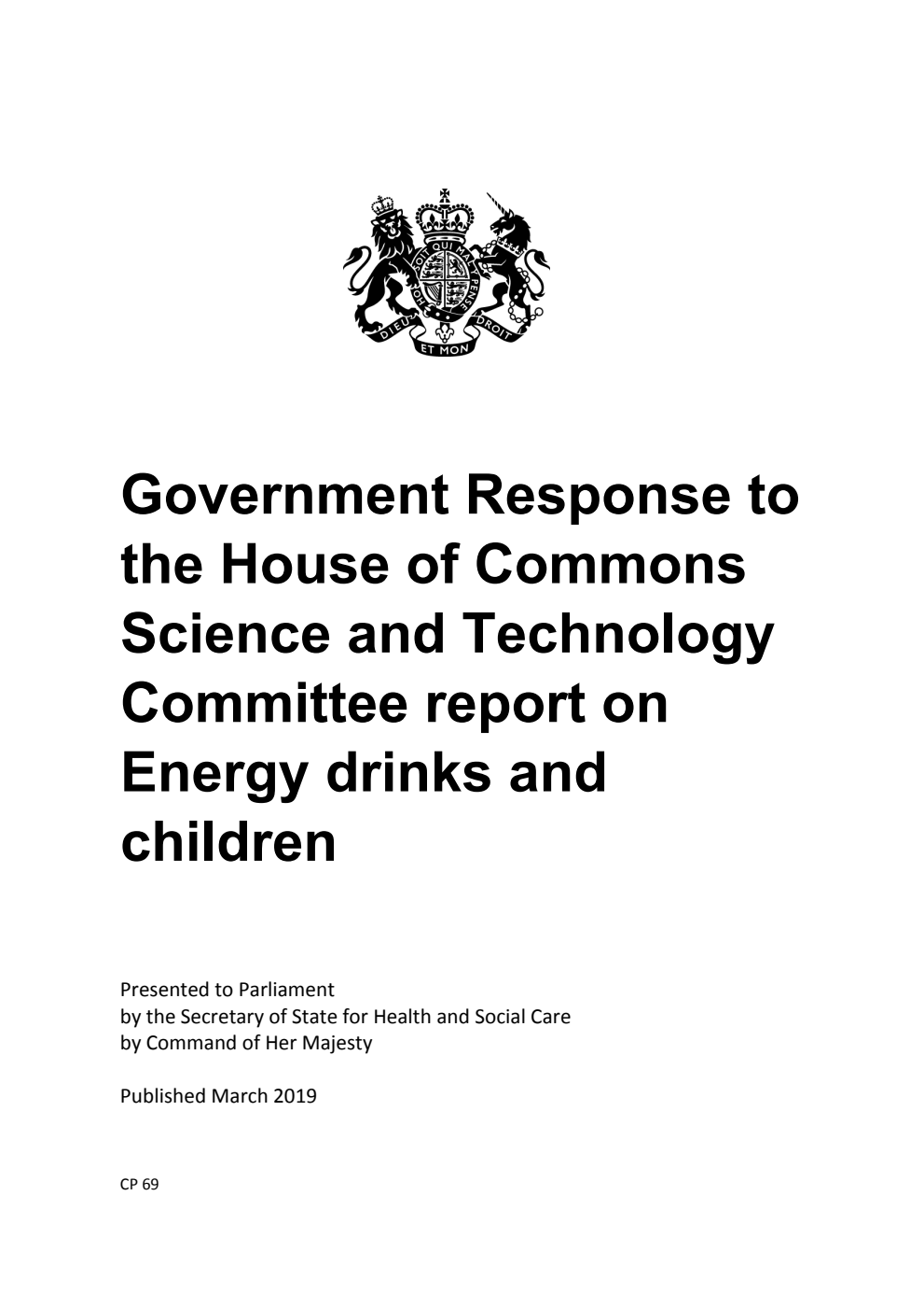 Government Response to the House of Commons Science and Technology Committee report on Energy drinks and children