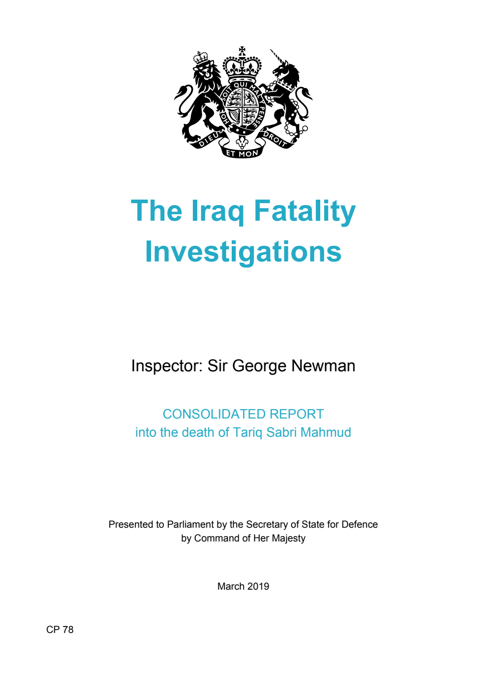 The Iraq Fatality Investigations. Consolidated Report into the death of Tariq Sabri Mahmud