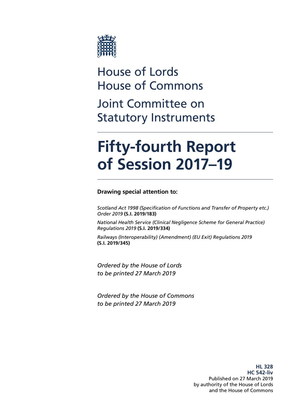 Joint Committee on Statutory Instruments 54th Report of Session 2017–19