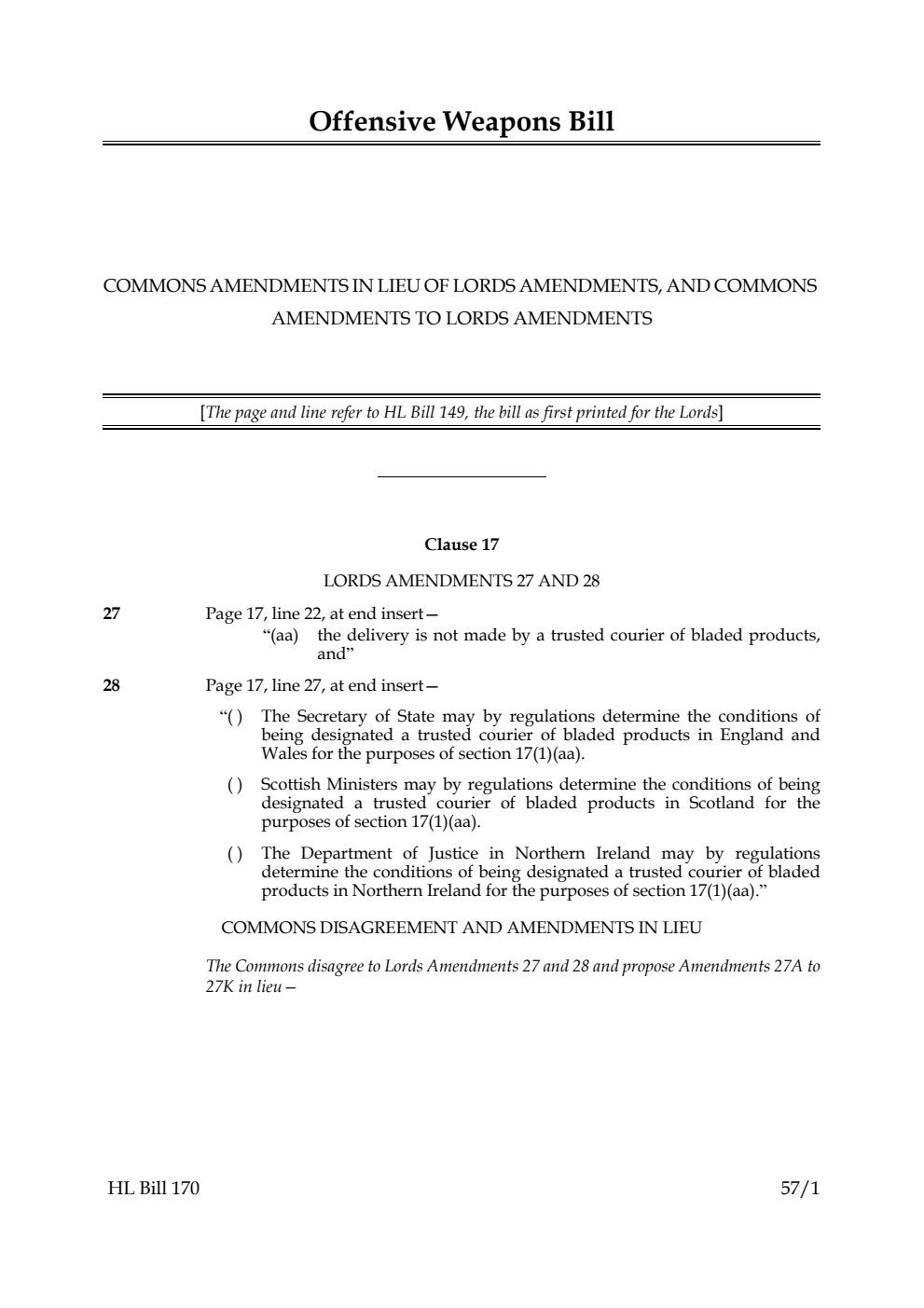 Offensive Weapons Bill Commons amendments in lieu of Lords amendments, and Commons amendments to Lords amendments